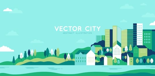 vector illustration in simple minimal geometric flat style - city landscape with buildings, hills and trees - abstract horizontal banner and background with copy space for text - header images for web