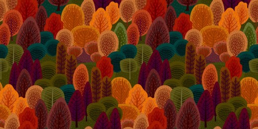 abstract seamless pattern with autumn forest. vector background for various surface. trendy hand drawn textures.