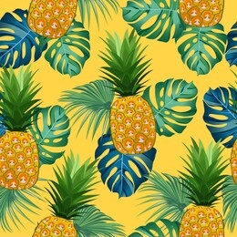 pineapple seamless pattern with tropical leaves on yellow background. summer vintage background. ananas fruits vector illustration.