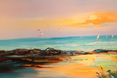 colorful oil painting on canvas texture. impressionism image of seascape paintings with sunlight background. modern art oil paintings with boat, sail on sea. 