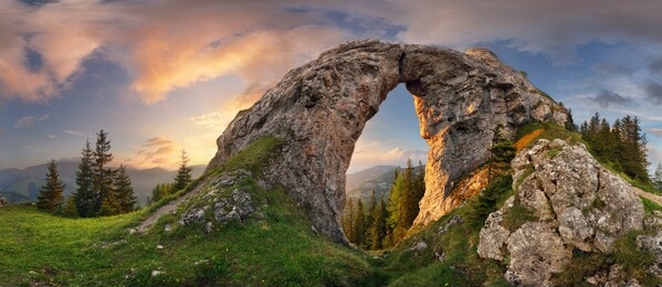 mountain landscape with big rock at sunset - low tatras, slovakia