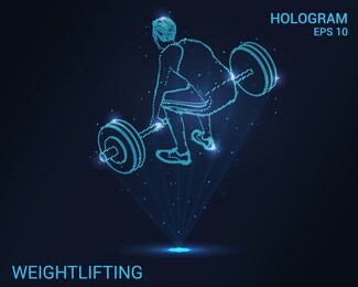 hologram weightlifter. weightlifter preparing to raise the bar. flickering energy flux of particles. the scientific design of the sport.