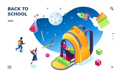 isometric banner for school smartphone application. kids going back to teacher and bag or children going for study. pupil and laboratory flask, books and pencil. teaching class. education theme