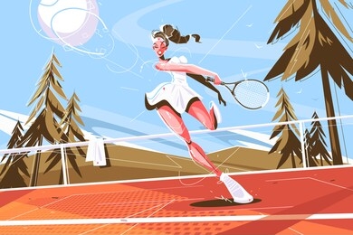 cute girl with racquet vector illustration. pretty professional tennis player in stylish sportswear. young woman playing on court flat style design. healthy lifestyle concept