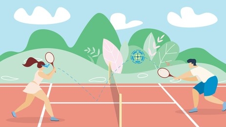 banner tennis game development strategy lettering. poster professional players are on different sides net. flyer one players is server, second one who serves cartoon. vector illustration.