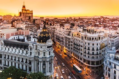 panoramic aerial view of gran via, main shopping street in madrid, capital of spain, europe.