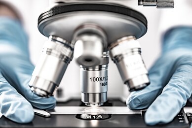 close-up of microscope lens, science tools microscope in laboratory