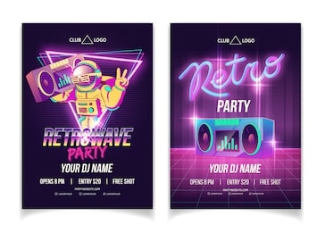 retrowave music party in nightclub cartoon vector ad poster, flyer or brochure page template in neon colors. astronaut in spacesuit holding boombox on shoulder, showing victory hand sign illustration