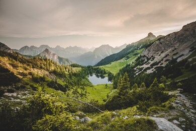 little mountain lake in the italian alps, lago bordaglia, friuli venezia giulia, italy, sunset