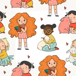 friends not food. be kind go vegan. cruelty free, vegan concept. cute little girls with various animals. hand drawn vector colored trendy illustration. flat design. seamless pattern