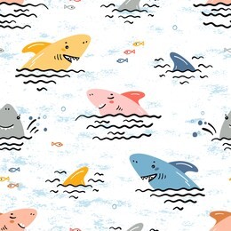 colorful cartoon summer sea background for kids. vector seamless childish pattern with doodle cute shark smiling characters and shark fins, sea waves