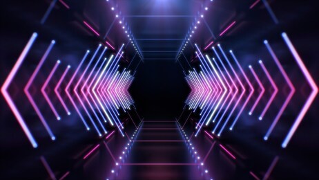 abstract futuristic technology concept. neon hexagon tunnel modern background. fluorescent ultraviolet glowing light lines. 
