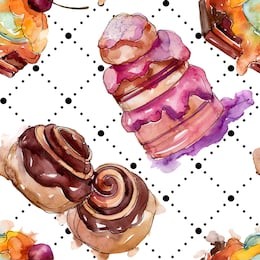 tasty cake and bun sweet dessert. watercolor background illustration set. watercolour drawing fashion aquarelle isolated. seamless background pattern. fabric wallpaper print texture.