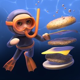 huge cheese burger disperses in view of the snorkel diver, 3d illustration render