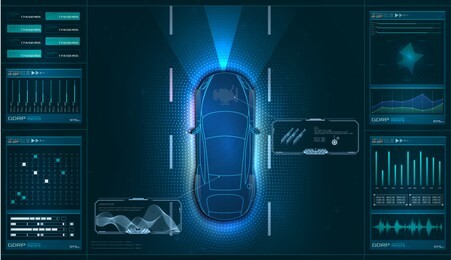 hardware diagnostics condition of car, scanning, test, monitoring, analysis. car service in the style of hud. virtual graphical interface gui, ui, hud autoscanning, analysis and diagnostics. vector