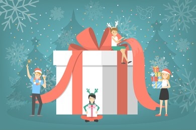 people with a big gift box. group of people prepare christmas present with red ribbon. cute surprise. flat illustration