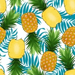 pineapple seamless pattern whole and in longitudinal section with palm leaves on white background. summer background. ananas fruits vector illustration.