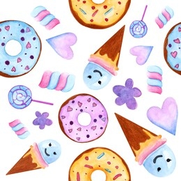 seamless design. ice cream. watercolor illustration. donuts zephyr. candy. hearts. flowers