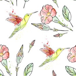seamless pattern with exotic birds and flowers. tropical bird hummingbird. imitation of watercolor, hand drawing. for textile, wallpaper, fabric, wrapping