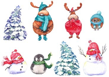set of snowmen, snowy fir trees, cute mooses, penguin and owl. watercolor illustration on white background. isolated elements for design.
