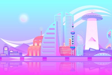 neon, purple, glowing and modern style for fantastic projects. for game art and business. Сoncept of a fantastic city