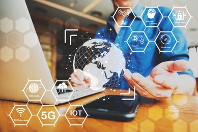 5g technology diagram of ai, machine learning, cyber security, crypto currency, blockchain, big data, cloud computing, wireless internet access, internet of things