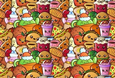 stickerbombing and seamless pattern - kawaii fast food, tea cups, teapots, cookies and fruits having party.