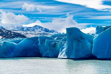 view of glacier grey and lake grey with the snowy mountain at torres del paine national park in southern chilean patagonia, chile