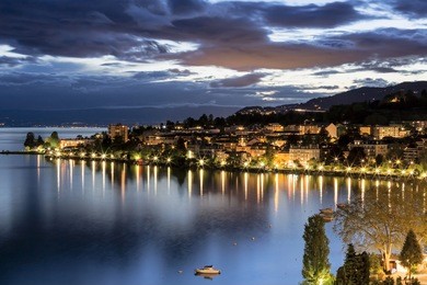 view onto surrounding buildings in montreux by night