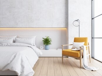 white bedroom interior ,cozy space , modern design ,3d render