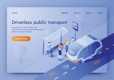 driverless public transport banner, people enter in autonomous smart bus scanning road, observe distance. future technology. intelligent automated radar gps detector isometric 3d vector illustration