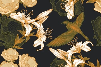 bird on a black floral background of lilies and roses. seamless pattern, vector illustration.