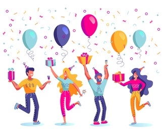 happy birthday, men and women in festive hats vector. gift boxes or presents, balloons, champagne and sparkler in hands. hand drawn flat modern illustration.