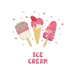 set of ice cream with strawberries, cherries, vanilla, yogurt. illustration in cartoon style on white background for menu, banner, flyer, poster. vector