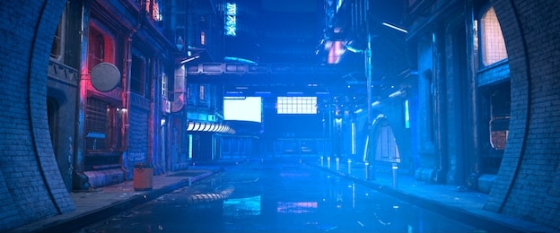 photorealistic 3d illustration of the futuristic city in the style of cyberpunk. empty street with neon lights. beautiful night cityscape.