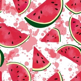 vector seamless pattern with hand drawn watermelon slices and blotches.spray of juice.