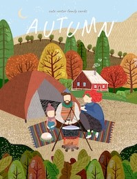 family weekend in the fall. cute vector illustration of mother, father and child camping with a tent and bonfire on a background of autumn nature. drawing of a happy family in the forest