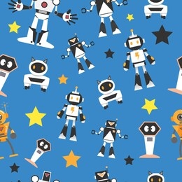 robotic toys seamless pattern concept. colorful pattern background with robots or humanoid and stars. flat design style. vector illustration