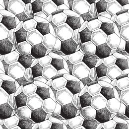 football backdrop. hand drawn seamless pattern with sketch style soccer balls. black on white. monochrome vector background.