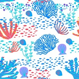 vector seamless pattern of colorful underwater ocean coral reef plants, corals and anemones. aquatic and aquarium seaweeds, marine algae, sea wildlife