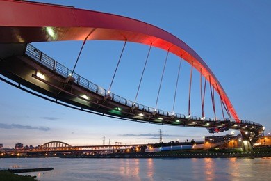 landmark of taipei, the famous rainbow bridge at songshan district, in the night, taiwan, asia.