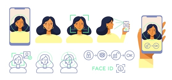 face id. recognition system. biometric identification. face scanner. smartphone in hand. face reflection on the screen. modern female character. set of vector illustration, flat design, white isolated