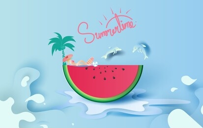 summer season concept slice of watermelon on blue water splash.hello summer.women are sunbathing. dolphins are jumping from the water surface.creative paper cut and craft. graphic vector. illustration