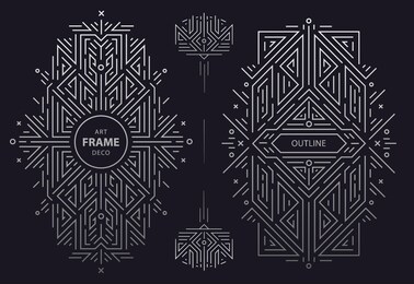 vector set of monogram design in trendy vintage and mono line style with space for text - abstract silver geometric frames, luxury packaging templates. use for ad, poster, card, cover. art deco