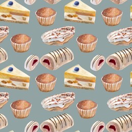 seamless pattern made of different desserts (cheesecake, muffin, sweet roll, eclair). endless texture for design. 
watercolor illustrations. light green, yellow and beige colors.