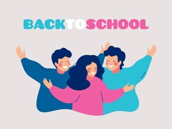 back to school greeting card with happy children embracing each other. smiling school friends hugging together, waving hands. vector