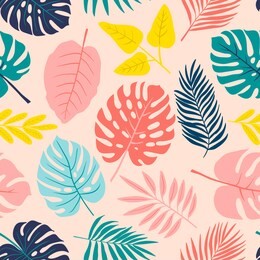 tropical seamless pattern with different leaves on pastel pink background. vector seamless pattern with tropical leaves for textile and fabric