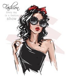 hand drawn beautiful young woman in sunglasses. stylish girl with bow on her head. fashion woman look. sketch. vector illustration.