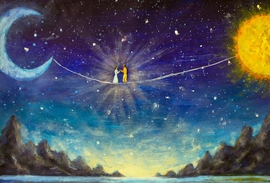 young beautiful girl moon and man sun met in universe, space, cosmos. concept of yin and yang is love. original oil acrylic painting on canvas.