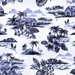 vintage hawaiian barkcloth design of tropical island scenes in a washed away indigo ink effect. seamless repeat pattern.